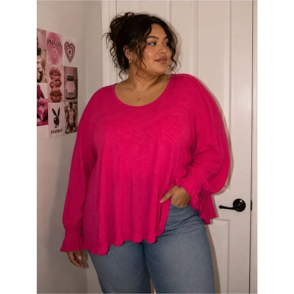 BNWT Chico’s Hot Pink Cotton Modal Blend Ruffle Long sleeve Blouse Sz 4 / XXL